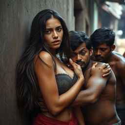 A scene depicting a beautiful Venezuelan model in a vulnerable and intimate moment with multiple Indian men in a slum setting