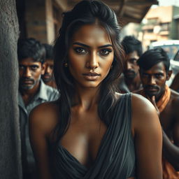 A visually striking piece featuring a Venezuelan woman with captivating beauty, captured in an emotional moment amidst a slum setting with multiple Indian men who are leaning against a wall