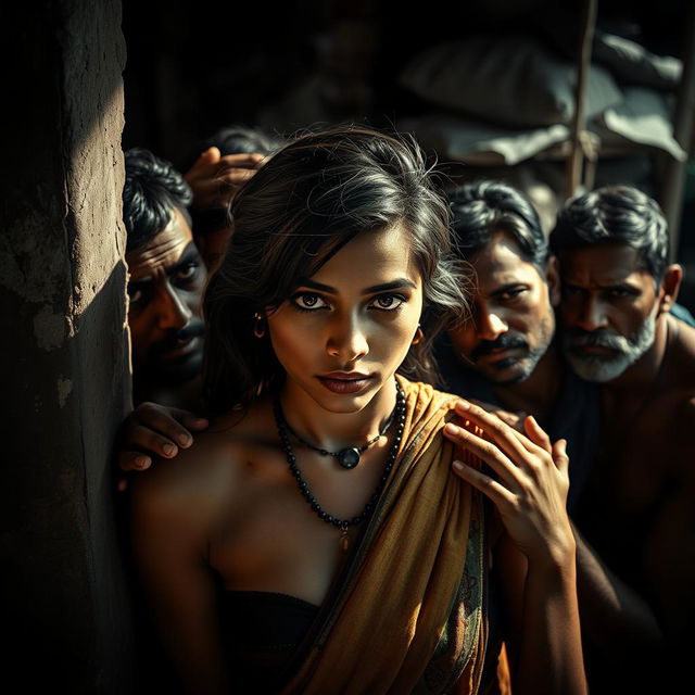 A visually striking piece featuring a Venezuelan woman with captivating beauty, captured in an emotional moment amidst a slum setting with multiple Indian men who are leaning against a wall