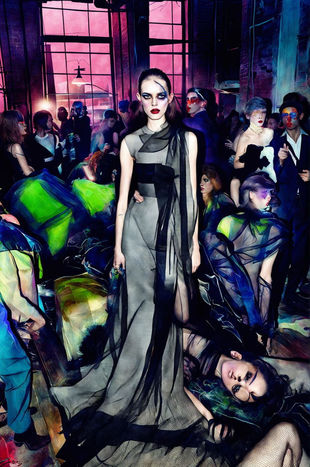 Digital art of a model in a deconstructed gown standing amidst a wild party in an industrial loft.