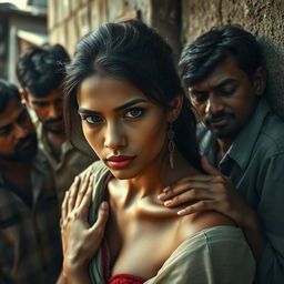 A visually striking piece featuring a Venezuelan woman with captivating beauty, captured in an emotional moment amidst a slum setting with multiple Indian men who are leaning against a wall