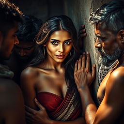 A visually striking piece featuring a Venezuelan woman with captivating beauty, captured in an emotional moment amidst a slum setting with multiple Indian men who are leaning against a wall