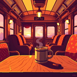 A vibrant pixel art scene depicting a cozy train carriage