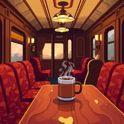 A vibrant pixel art scene depicting a cozy train carriage