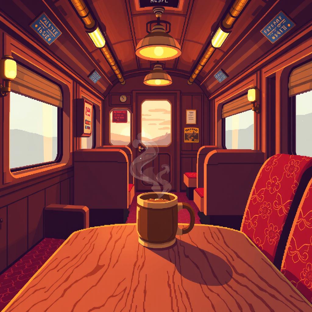 A vibrant pixel art scene depicting a cozy train carriage