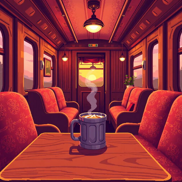 A vibrant pixel art scene depicting a cozy train carriage