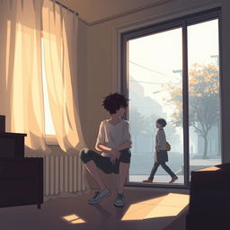 A protagonist depicted deep in thought, sitting alone in a room, gazing out of a window with a pensive expression