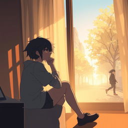 A protagonist depicted deep in thought, sitting alone in a room, gazing out of a window with a pensive expression