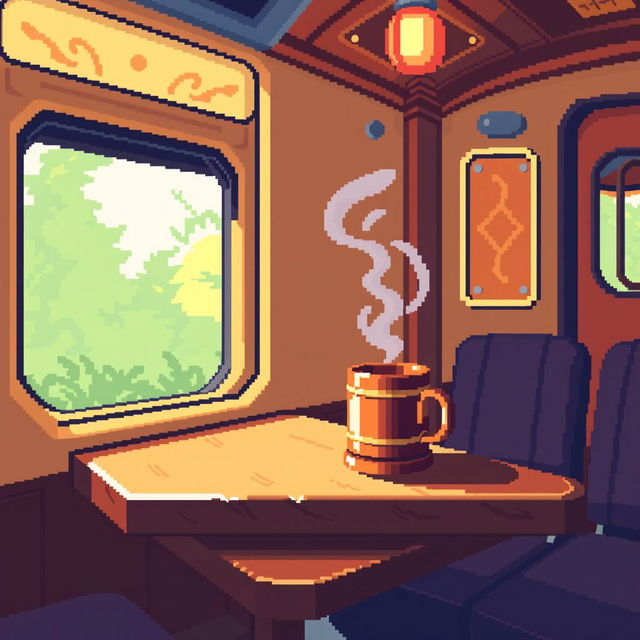 A pixel art style train cabin featuring a vibrant and cozy atmosphere