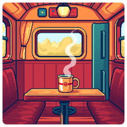 A pixel art style train cabin featuring a vibrant and cozy atmosphere