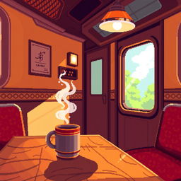 A pixel art style train cabin featuring a vibrant and cozy atmosphere