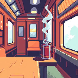 A pixel art style train cabin featuring a vibrant and cozy atmosphere