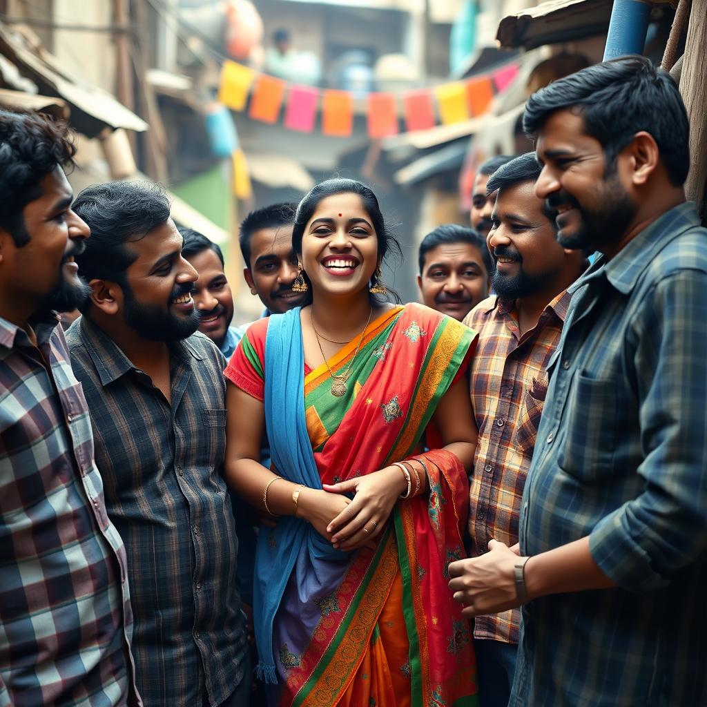 A scene depicting a young Indian woman surrounded by several men in a slum setting