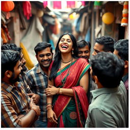 A scene depicting a young Indian woman surrounded by several men in a slum setting