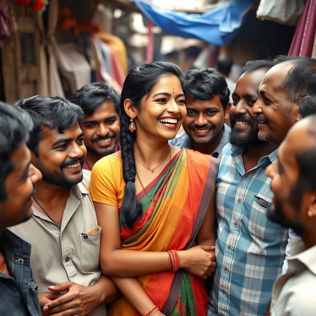 A scene depicting a young Indian woman surrounded by several men in a slum setting