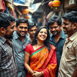 A scene depicting a young Indian woman surrounded by several men in a slum setting