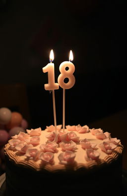 A beautifully decorated birthday cake with the candles shaped like '18' placed prominently on top