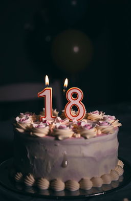 A beautifully decorated birthday cake with the candles shaped like '18' placed prominently on top