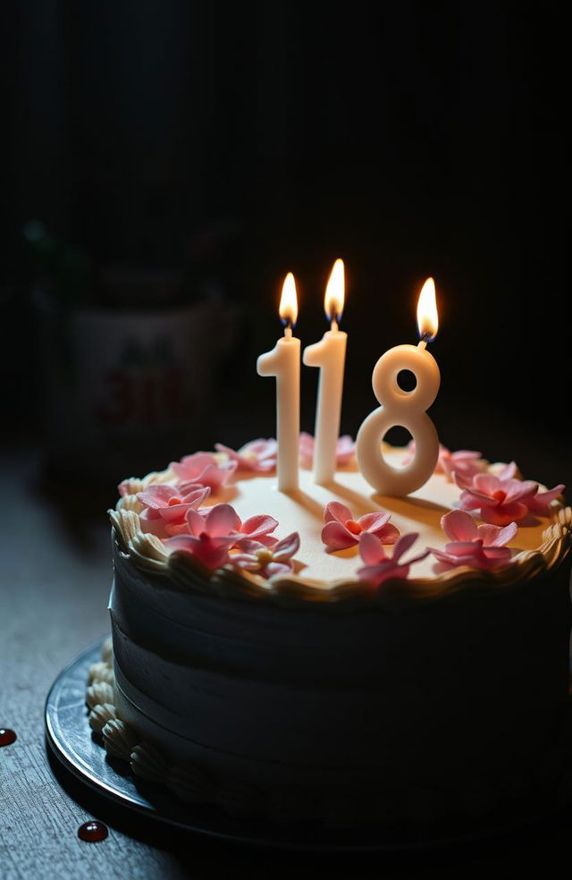 A beautifully decorated birthday cake with the candles shaped like '18' placed prominently on top