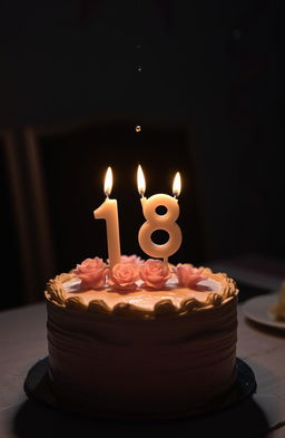 A beautifully decorated birthday cake with the candles shaped like '18' placed prominently on top