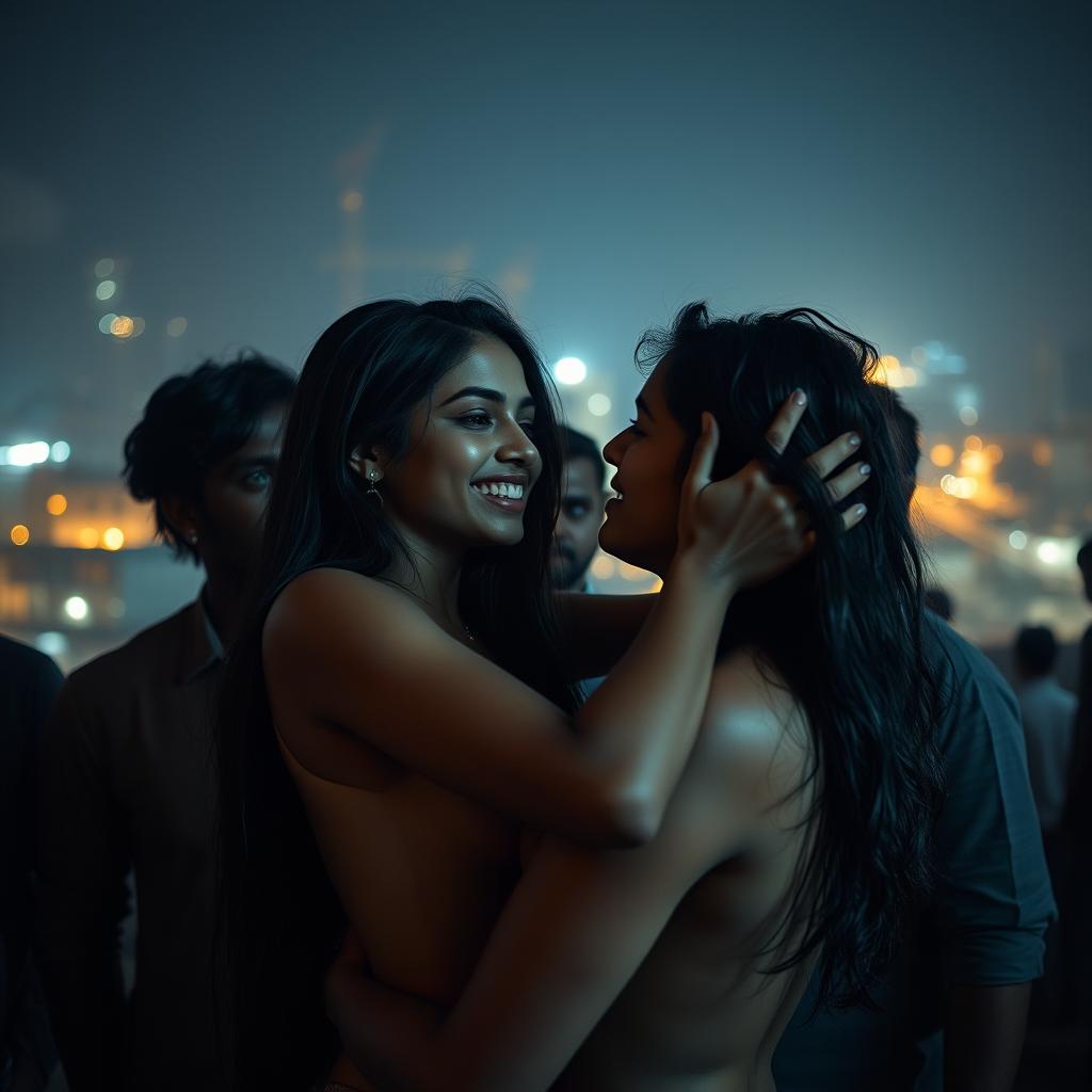 A modern Indian girl with long dark hair, wearing minimal clothing, is captured in an intimate scene at a construction site at night