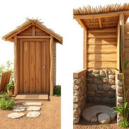 A rustic design for two eco-friendly camping toilets and two washrooms, perfectly suited for an outdoor camping experience