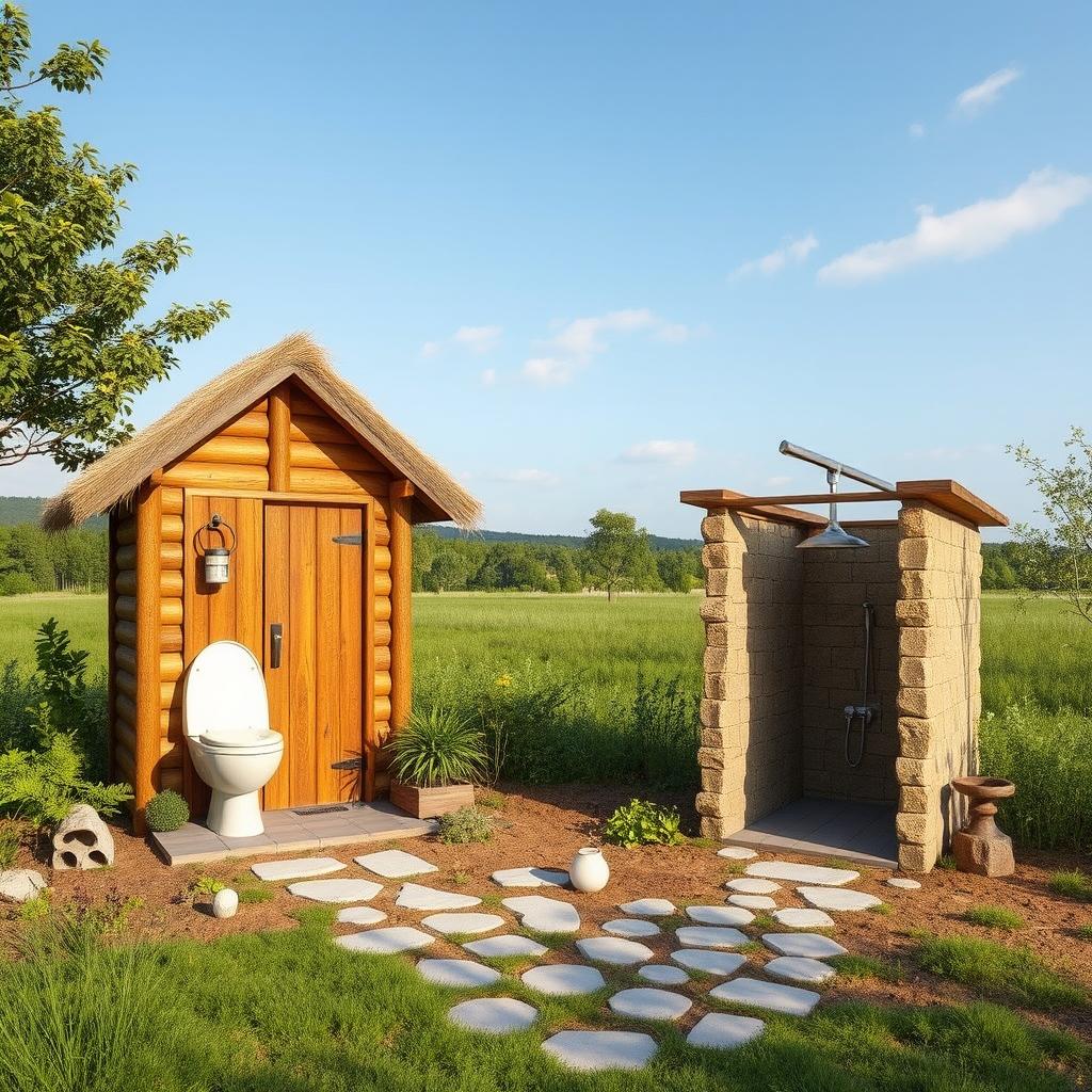 A rustic design for two eco-friendly camping toilets and two washrooms, perfectly suited for an outdoor camping experience