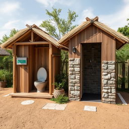 A rustic design for two eco-friendly camping toilets and two washrooms, perfectly suited for an outdoor camping experience
