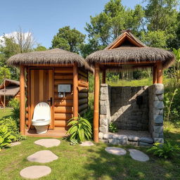 A rustic design for two eco-friendly camping toilets and two washrooms, perfectly suited for an outdoor camping experience