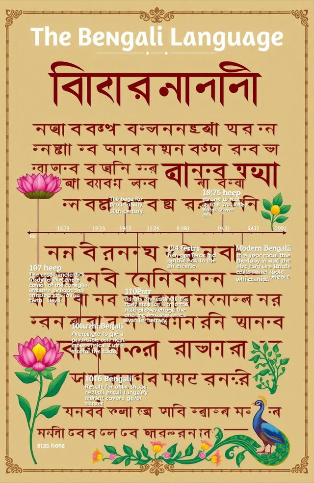 A detailed historical timeline of the Bengali language, showcasing its evolution over centuries