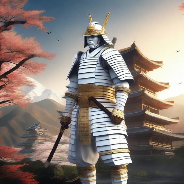 Generate an image of a majestic samurai in finely detailed white armor, accented by golden embellishments