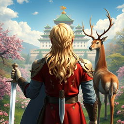 A fantastical prince with stunning blonde hair, viewed from behind, positioned at the center of the image