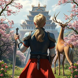 A fantastical prince with stunning blonde hair, viewed from behind, positioned at the center of the image