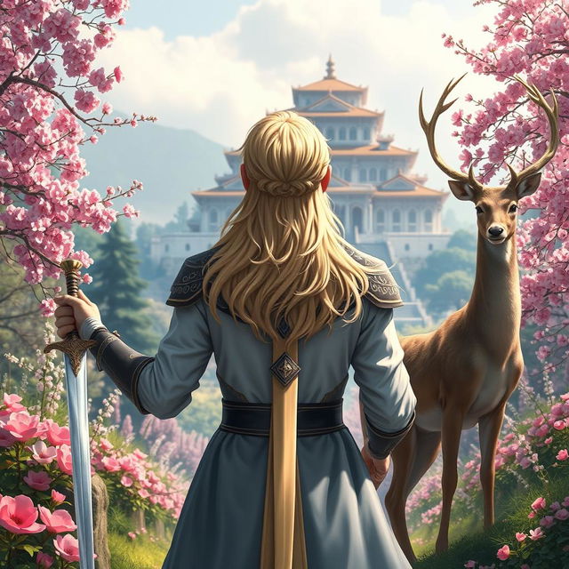 A fantastical prince with stunning blonde hair, viewed from behind, positioned at the center of the image