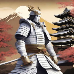 Generate an image of a majestic samurai in finely detailed white armor, accented by golden embellishments