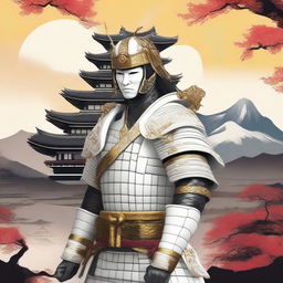 Generate an image of a majestic samurai in finely detailed white armor, accented by golden embellishments