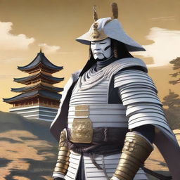 Generate an image of a majestic samurai in finely detailed white armor, accented by golden embellishments