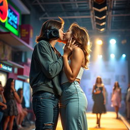 A vibrant scene capturing the emotional culmination of a love story between Olga, a 24-year-old photographer, and Aimê, a 23-year-old fashion student