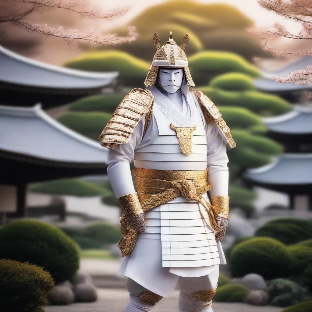 Generate an image of a regal samurai, clad in striking white armor with golden accents