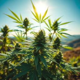 A striking and aesthetically pleasing image of marijuana plants in a serene outdoor setting