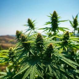 A striking and aesthetically pleasing image of marijuana plants in a serene outdoor setting