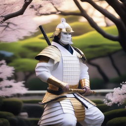 Generate an image of a regal samurai, clad in striking white armor with golden accents