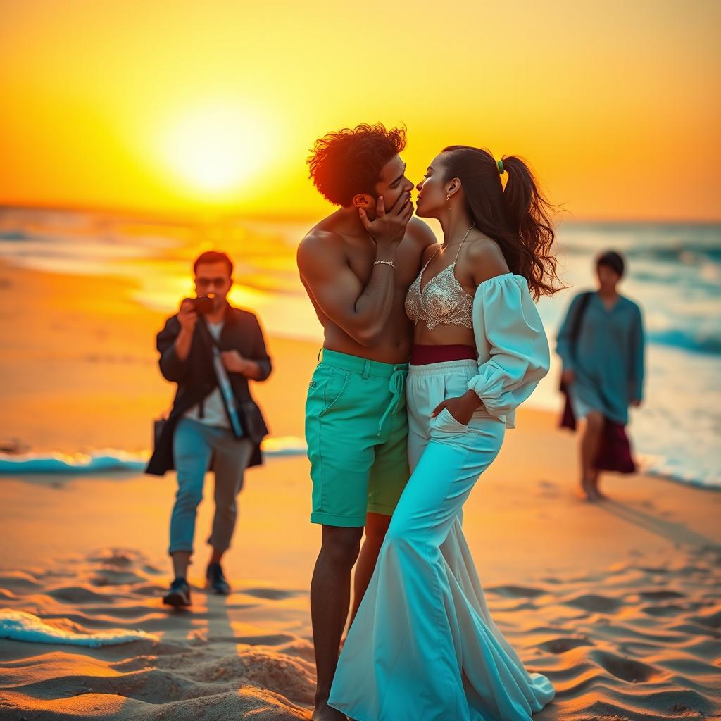 A vibrant scene depicting a 24-year-old photographer named Aimê and a 23-year-old fashion student named Olga at a beautiful beach, surrounded by soft waves and golden sand