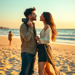 A vibrant scene depicting a 24-year-old photographer named Aimê and a 23-year-old fashion student named Olga at a beautiful beach, surrounded by soft waves and golden sand