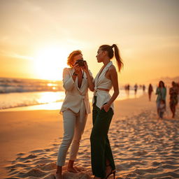 A vibrant scene depicting a 24-year-old photographer named Aimê and a 23-year-old fashion student named Olga at a beautiful beach, surrounded by soft waves and golden sand