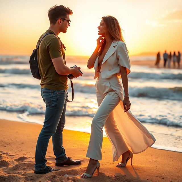 A vibrant scene depicting a 24-year-old photographer named Aimê and a 23-year-old fashion student named Olga at a beautiful beach, surrounded by soft waves and golden sand