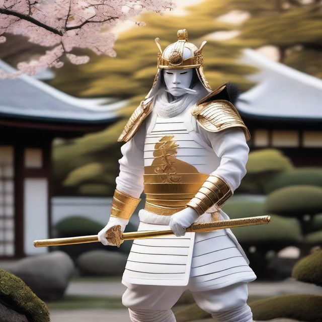 Generate an image of a regal samurai, clad in striking white armor with golden accents