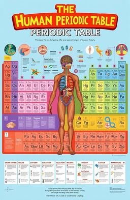 A visually captivating artistic representation of the Human Periodic Table displaying various aspects of human biology and anatomy arranged in a periodic table format