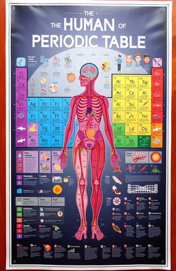 A visually captivating artistic representation of the Human Periodic Table displaying various aspects of human biology and anatomy arranged in a periodic table format