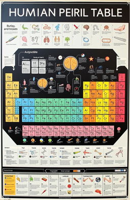A visually captivating artistic representation of the Human Periodic Table displaying various aspects of human biology and anatomy arranged in a periodic table format